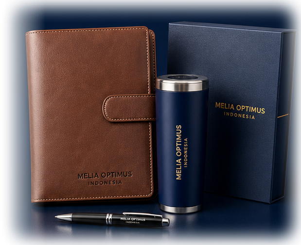 Rangkaian souvenir kantor premium Melia Optimus: folio kulit, tumbler stainless, gift box, dan pulpen